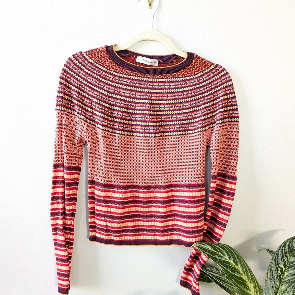 Zara Knit Sweater with Burgundy and Orange Fair Isle